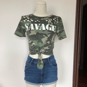 Savage Distress Green Camo Crop Top Small